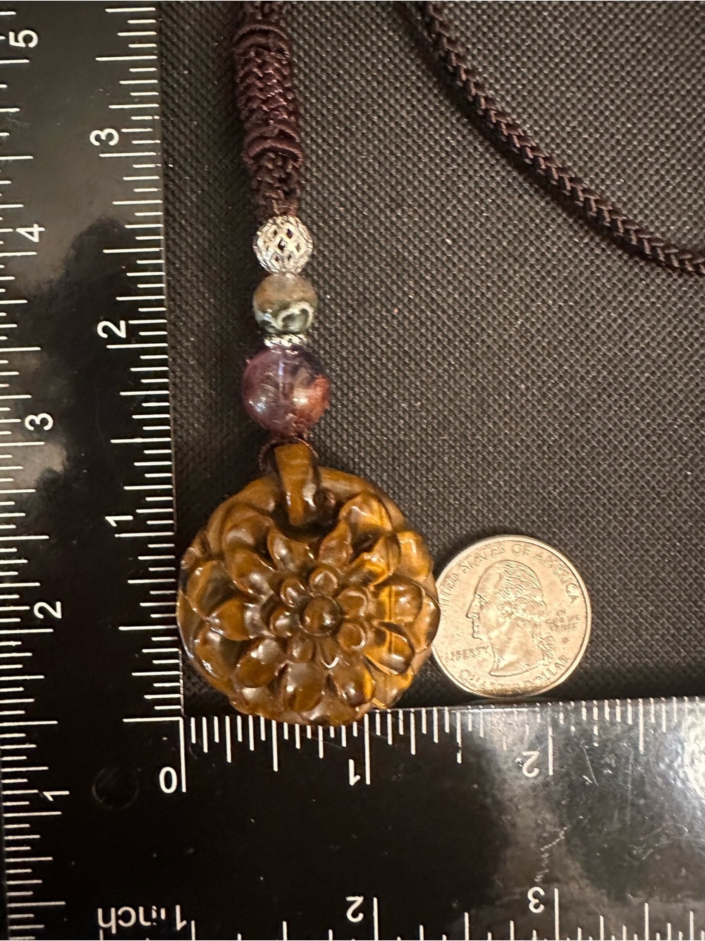 Tiger’s Eye Flower Pendant Necklace with Amethyst and Agate on Brown Rope - Picture 14 of 14